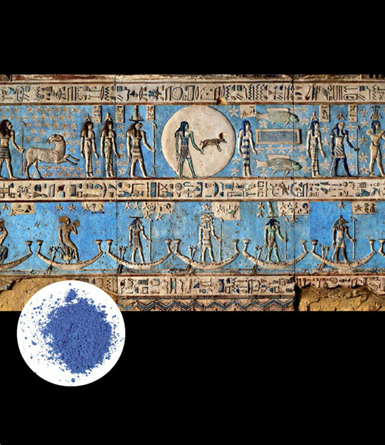 Main image: Synthetic pigments were greatly valued for their use in royal pottery and artwork, as seen in this hieroglyphic painting on the interior walls of an ancient Egyptian temple in Dendera. Inset: A specimen of Egyptian Blue, one of the earliest known human-made synthetic pigments.