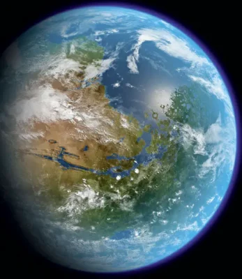 Artist's impression of a future Mars potentially terraformed with oceans and a thick, life-sustaining atmosphere, thousands of years from now.