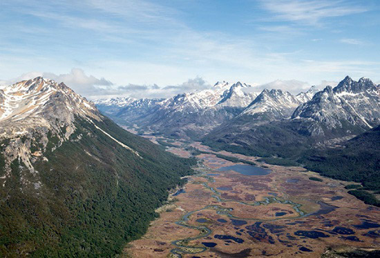 Aerial view of the Carbajal Valley in the Southern Andes, located in Tierra del Fuego, Argentina