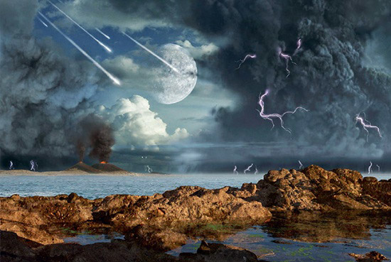 This artist's conception illustrates the Archean Earth, a period characterized by stable liquid water, abundant heat and energy, and a growing accumulation of organic molecules, creating a fertile environment for the emergence of life.