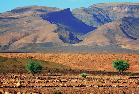 Ancient peaks and canyons characterize the Atlas Mountains, stretching about 2,500 kilometers (1,600 miles) across Morocco, Algeria, and Tunisia