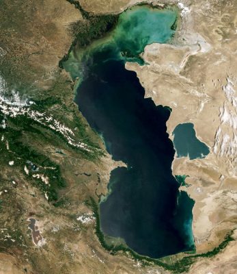 A view from orbit of the Caspian Sea, captured by the MODIS sensor on NASA's Terra satellite in 2003