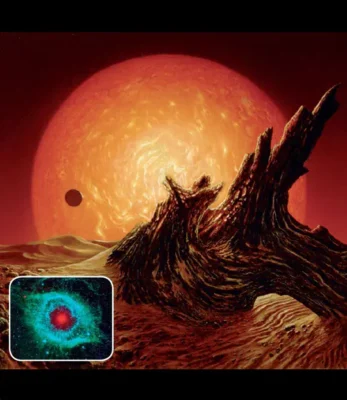 Main image: Space artist Don Dixon's portrayal of the expanded, red-giant Sun on the verge of enveloping the Earth and Moon approximately 5 billion years from now. Inset: An infrared image captured by the Spitzer Space Telescope showcasing the Helix Nebula, a remnant of debris created during the final stages of a star's life, resembling what our Sun may become.
