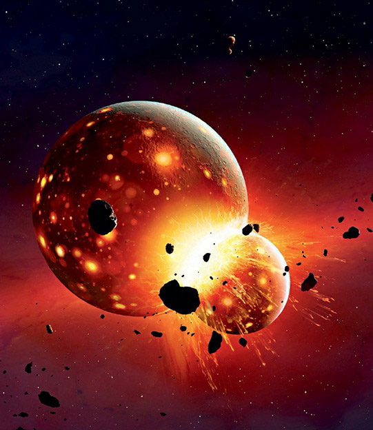 An artist's illustration of a Mars-sized object's near-collision with the early Earth, an event thought to have created the debris that formed our Moon 4.5 billion years ago.