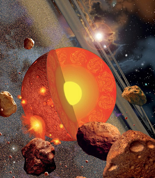 An artist's depiction shows a young Earth in its early days within the solar system, undergoing constant impacts from space while internally forming its core, mantle, and crust.