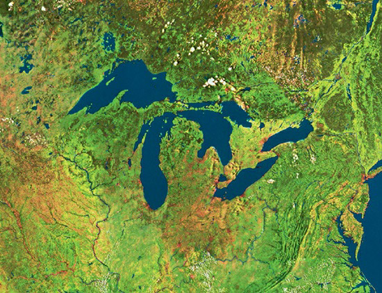A NOAA weather satellite mosaic displaying northeastern America with the five Great Lakes, listed from left to right: Lake Superior, Lake Michigan, Lake Huron, Lake Erie, and Lake Ontario