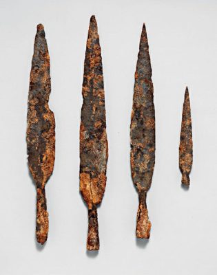 Four Etruscan iron spearheads dating back to approximately 550 BCE