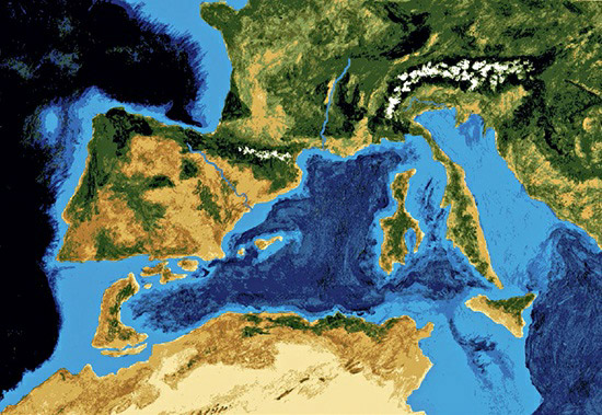 An artistic rendering based on geophysical data, depicting the Mediterranean basin just before its separation from the Atlantic Ocean due to the collision between Africa and Southern Europe