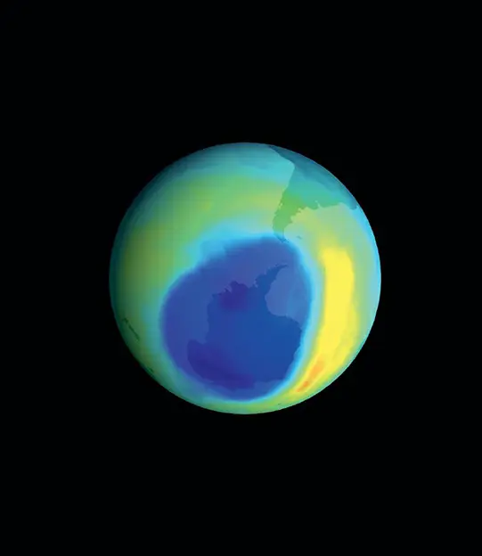 September 2000 image displaying the largest recorded "ozone hole" above Antarctica, based on data captured by the Total Ozone Mapping Spectrometer (TOMS) instrument aboard the NASA Earth Probe satellite.