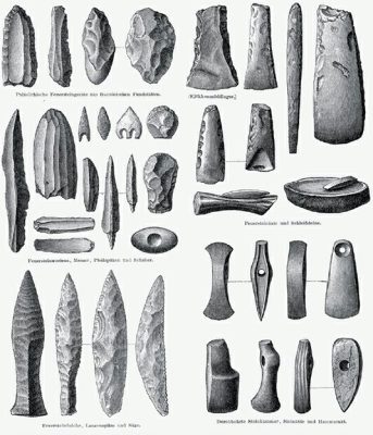 Typical Stone Age tools depicted in a late-nineteenth-century German engraving