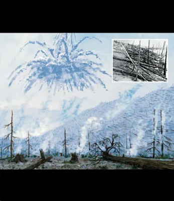 Main image: An artistic interpretation by artist and planetary scientist William K. Hartmann depicting the Tunguska forest just one minute after the airburst explosion. The painting was created at Mount St. Helens, which experienced a blast similar to Tunguska in 1980. Inset: A 1927 photograph from the Kulik expedition to the Tunguska region.