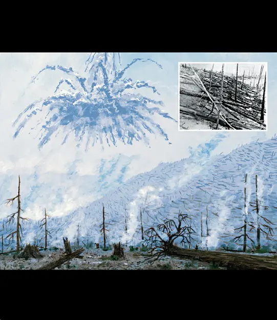 Main image: An artistic interpretation by artist and planetary scientist William K. Hartmann depicting the Tunguska forest just one minute after the airburst explosion. The painting was created at Mount St. Helens, which experienced a blast similar to Tunguska in 1980. Inset: A 1927 photograph from the Kulik expedition to the Tunguska region.
