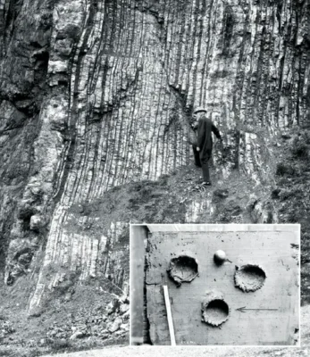 Main image: USGS geologist G. K. Gilbert climbing an outcrop near Berkeley, California, around 1906. Inset: A photo from around 1891 showing Gilbert's experiments that demonstrated the formation of impact craters by throwing balls of hard clay into soft clay.
