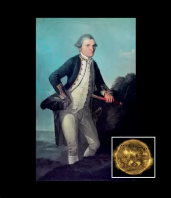 Main image: A 1776 portrait of Captain James Cook by British artist Nathaniel Dance-Holland. Inset: A time-lapse image taken by NASA's Solar Dynamics Observatory satellite, capturing the transit of Venus on June 5, 2012.