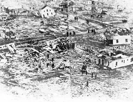 A photograph of the ruins of the town of West Frankfort, Illinois, in the aftermath of the March 18, 1925 Tri-State Tornado.