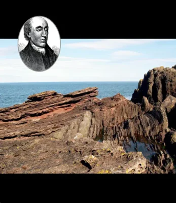 Main image: Layered rocks at Siccar Point, Scotland, showcasing one of the earliest-recognized unconformities in the geological record. Inset: A sketch from a 1920 geology textbook depicting Scottish geologist James Hutton.