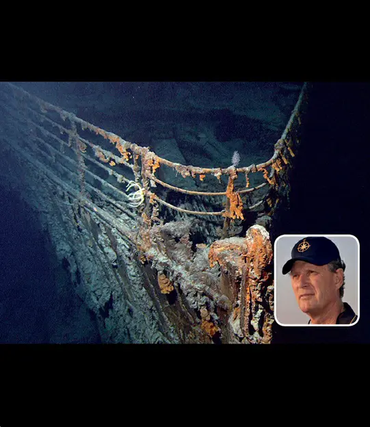 Main image: A glimpse of the RMS Titanic's bow, captured in June 2004 by the ROV Hercules during an expedition to the shipwreck site. Inset: Oceanographer and explorer Robert Ballard.