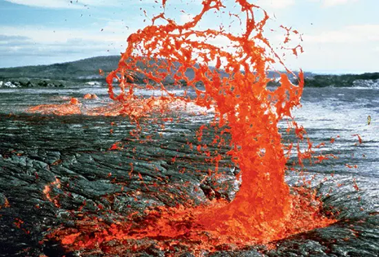 A 1970 photograph of a 30-foot-high (10 meters) lava fountain eruption from the Mauna Ulu vent of the Kilauea volcano on the Big Island of Hawaii.