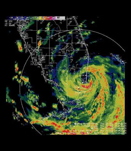 A weather radar map showing the rain bands in Hurricane Katrina as it approached the southeastern coast of Florida on August 25, 2005.