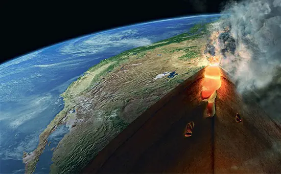 Artist's representation of a cross-section of magma ascending through the Earth's crust and erupting at the location of the "Yellowstone supervolcano" in central North America.